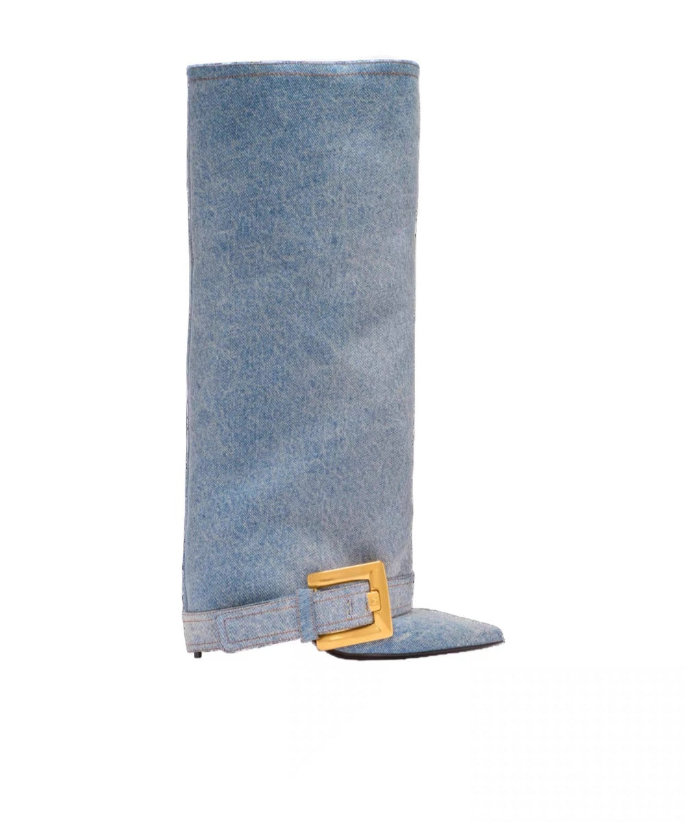 Black Givenchy Style knee-high boot with a gold buckle