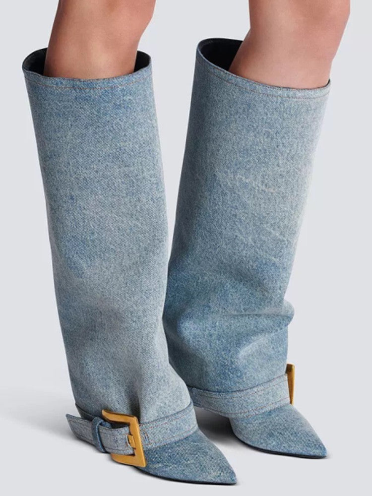 Black Givenchy Style knee-high boot with a gold buckle