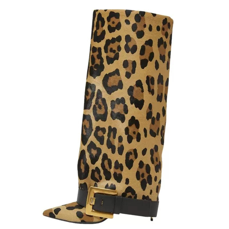 Black Givenchy Style knee-high boot with a gold buckle