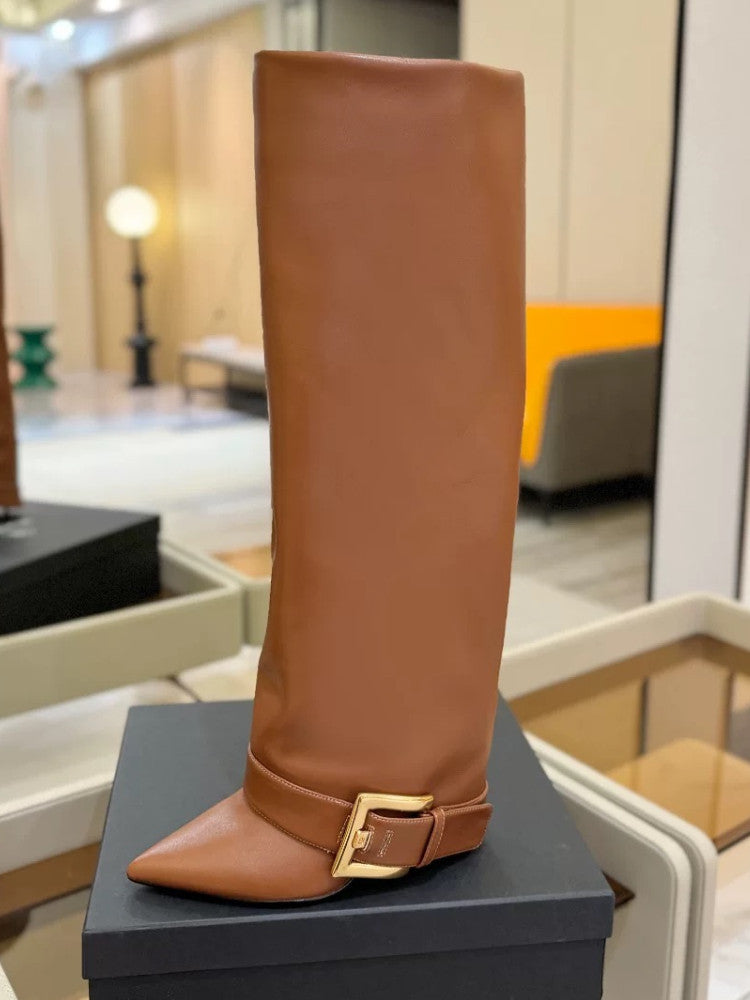 Black Givenchy Style knee-high boot with a gold buckle