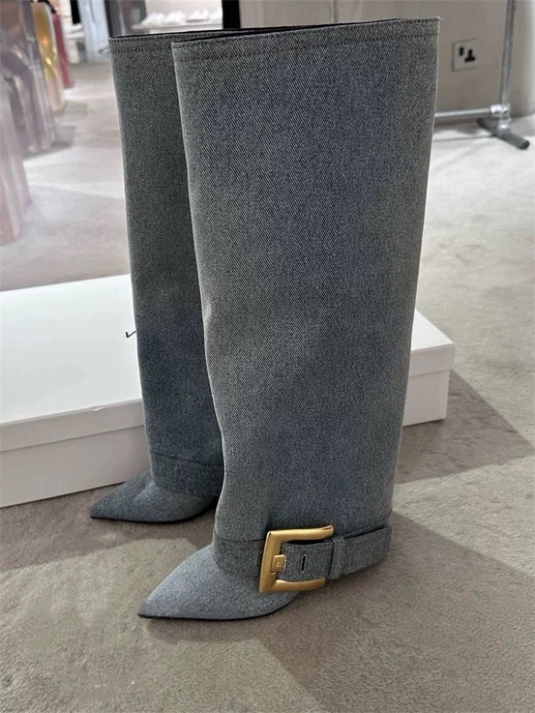 Black Givenchy Style knee-high boot with a gold buckle