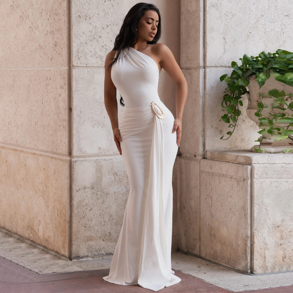 One Shoulder Synched Waist Maxi Dress