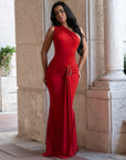 One Shoulder Synched Waist Maxi Dress