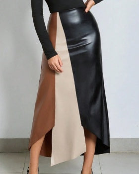Two Tone Asymmetrical PU Skirt