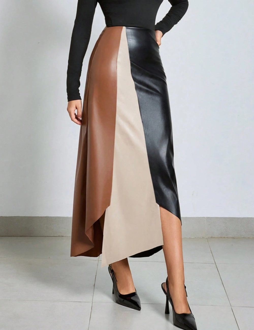 Two Tone Asymmetrical PU Skirt