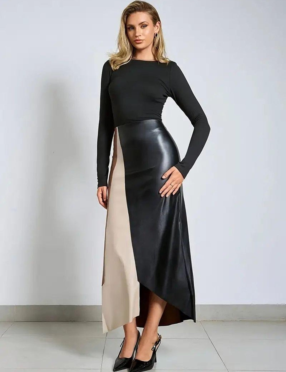 Two Tone Asymmetrical PU Skirt