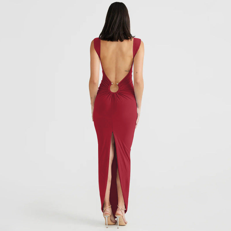 Plunged Neck Backless Maxi Dress