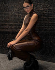 Brown Leather Turtleneck Midi Dress