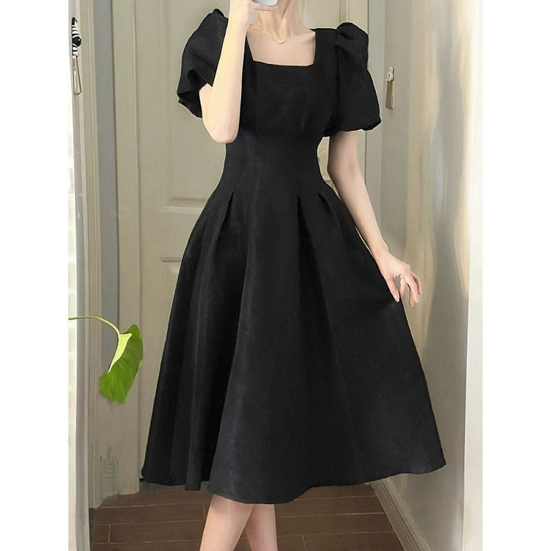 Black Pleated Dress with Puff Sleeves