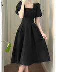 Black Pleated Dress with Puff Sleeves