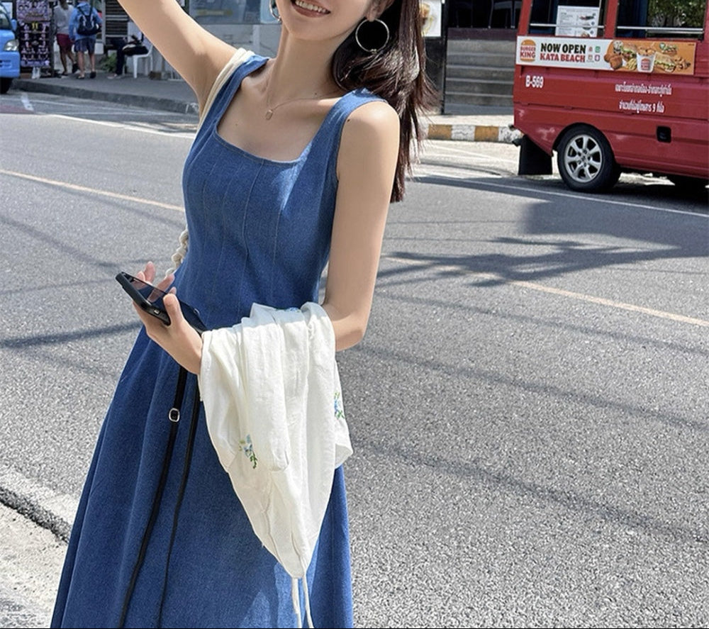 denim maxi dress with pockets
