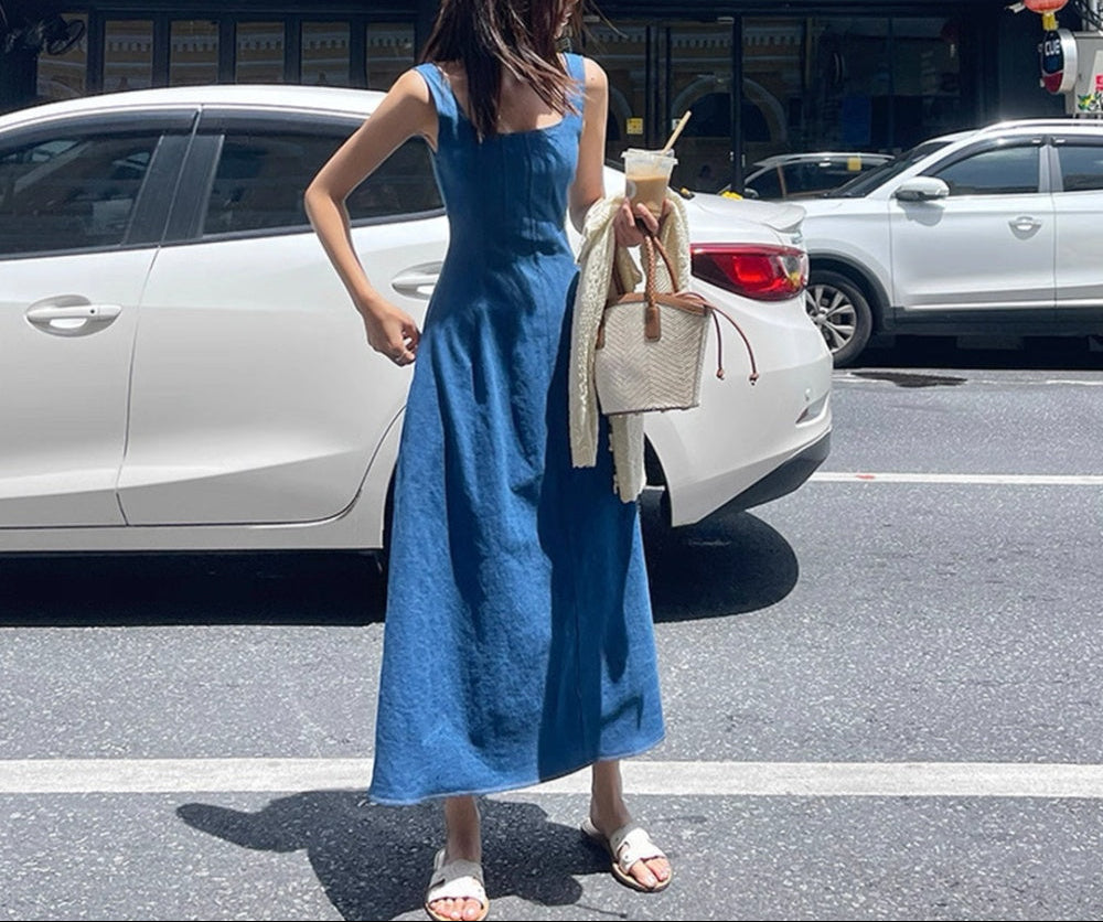 denim maxi dress with pockets