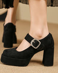Brown Buckled Mary Jane Platform Block Heels