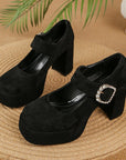 Brown Buckled Mary Jane Platform Block Heels