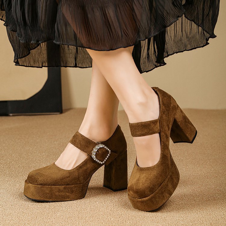 Brown Buckled Mary Jane Platform Block Heels