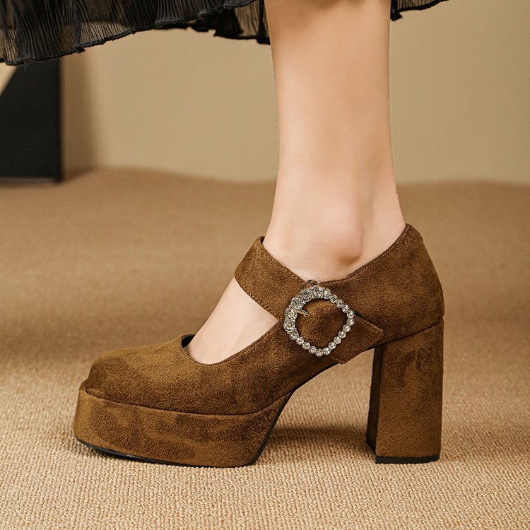Brown Buckled Mary Jane Platform Block Heels