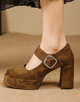 Brown Buckled Mary Jane Platform Block Heels