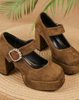 Brown Buckled Mary Jane Platform Block Heels