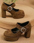 Brown Buckled Mary Jane Platform Block Heels