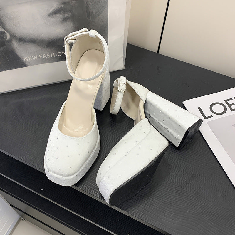 Rhinestone studded White platform heels 