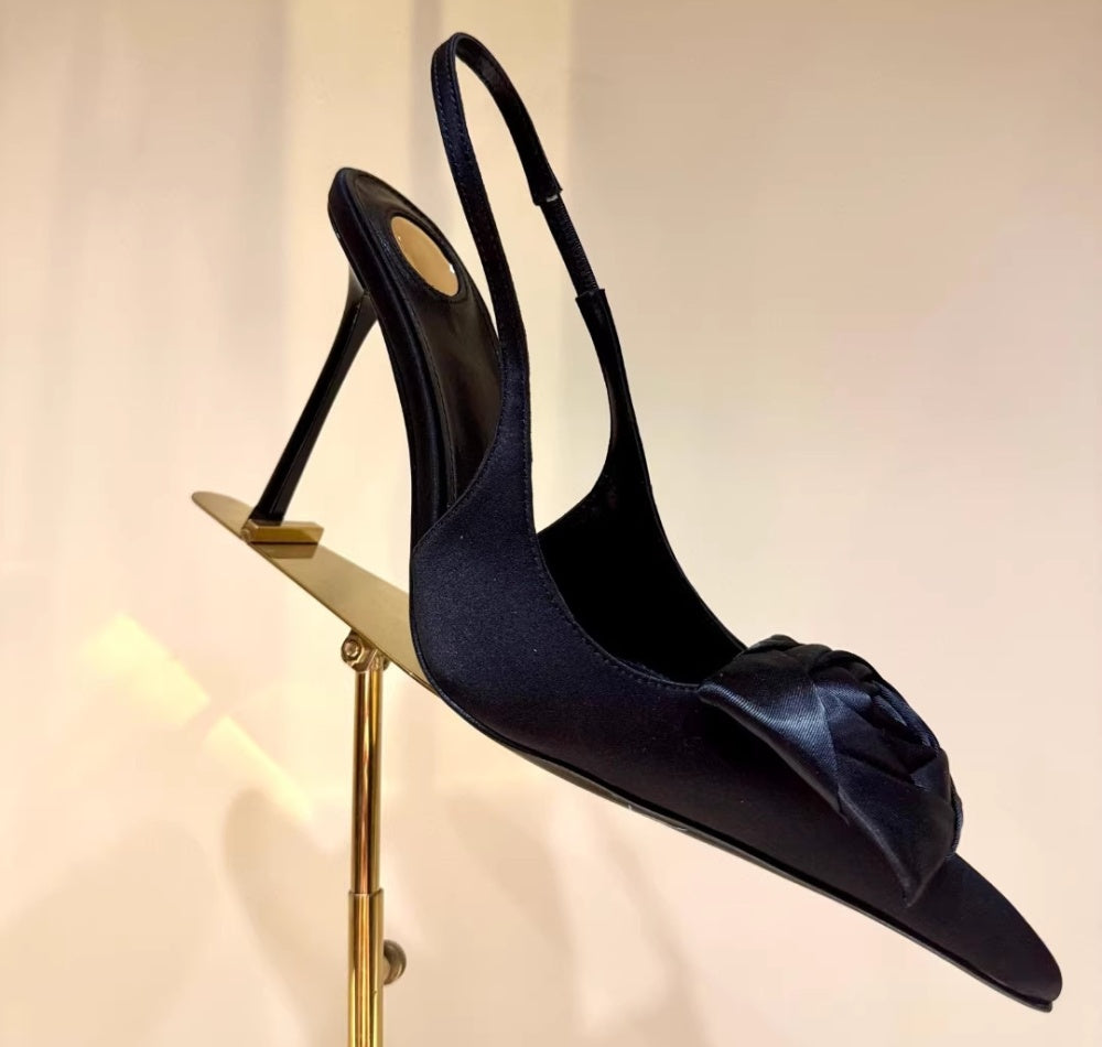 Satin Rose Pointed Slingback Heels