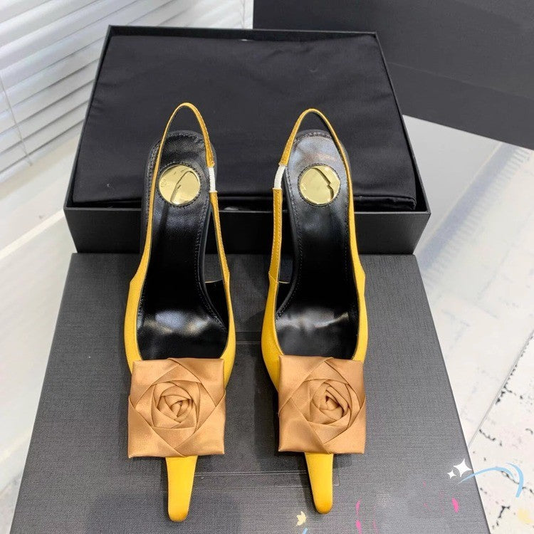 Satin Rose Pointed Slingback Heels