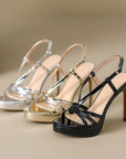 Cordelia silver patent strappy platform stilettos for women with slingback buckle by VÈRV