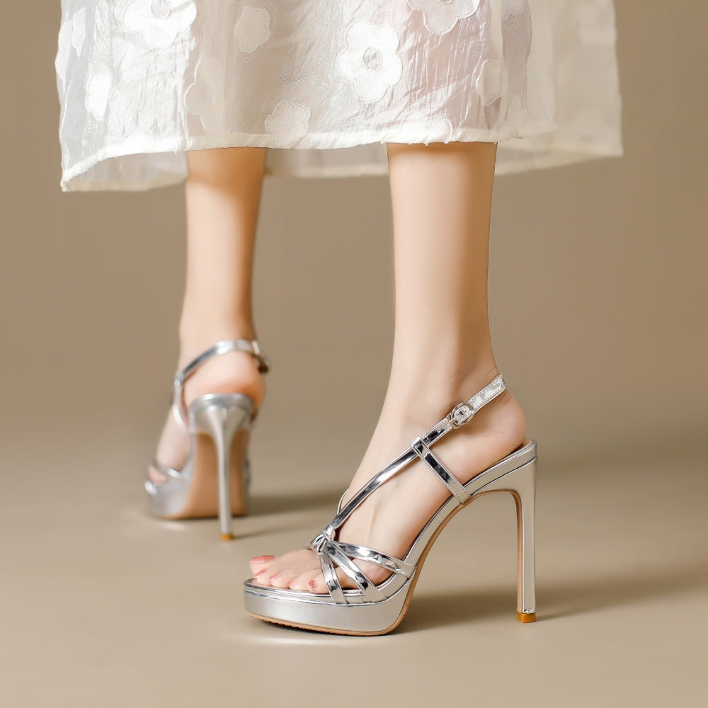 Cordelia silver patent strappy platform stilettos for women with slingback buckle by VÈRV