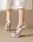 Cordelia silver patent strappy platform stilettos for women with slingback buckle by VÈRV