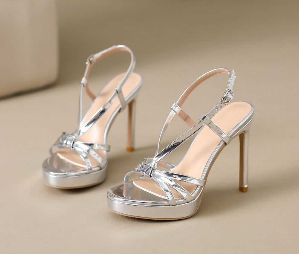 Cordelia silver patent strappy platform stilettos for women with slingback buckle by VÈRV