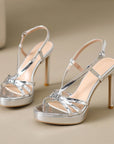 Cordelia silver patent strappy platform stilettos for women with slingback buckle by VÈRV