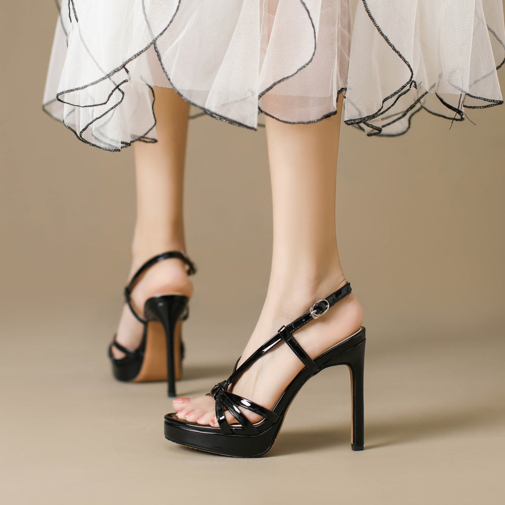 Cordelia black patent strappy platform stilettos for women with slingback buckle by VÈRV