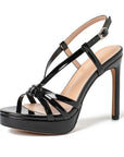Cordelia black patent strappy platform stilettos for women with slingback buckle by VÈRV