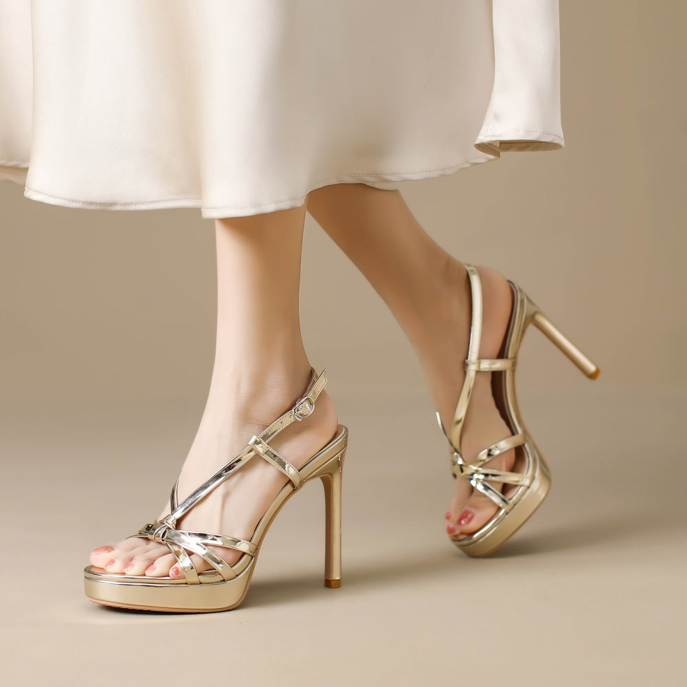 Cordelia gold patent strappy platform stilettos for women with slingback buckle by VÈRV