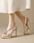 Cordelia gold patent strappy platform stilettos for women with slingback buckle by VÈRV