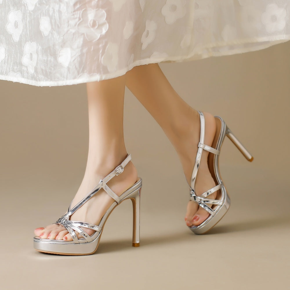 Cordelia silver patent strappy platform stilettos for women with slingback buckle by VÈRV