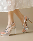 Cordelia silver patent strappy platform stilettos for women with slingback buckle by VÈRV