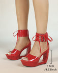Patent hollow wedge platform heels with ribbon ankle cuff for women by VÈRV.