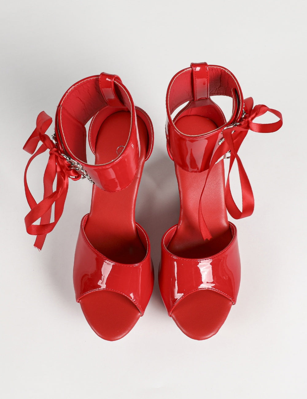 Patent hollow wedge platform heels with ribbon ankle cuff for women by VÈRV.
