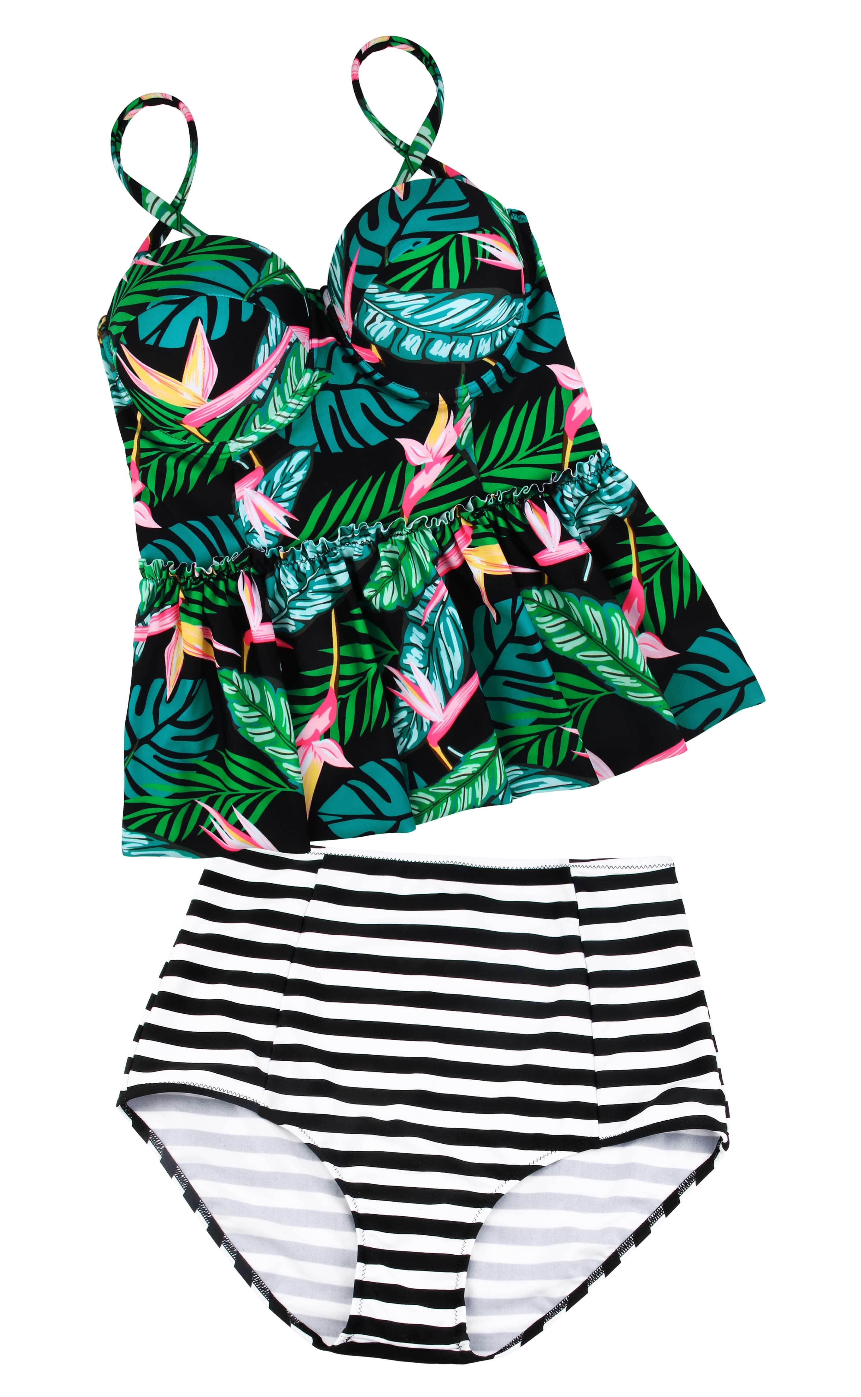Black Two Piece Floral Print Flounce Tankini Set