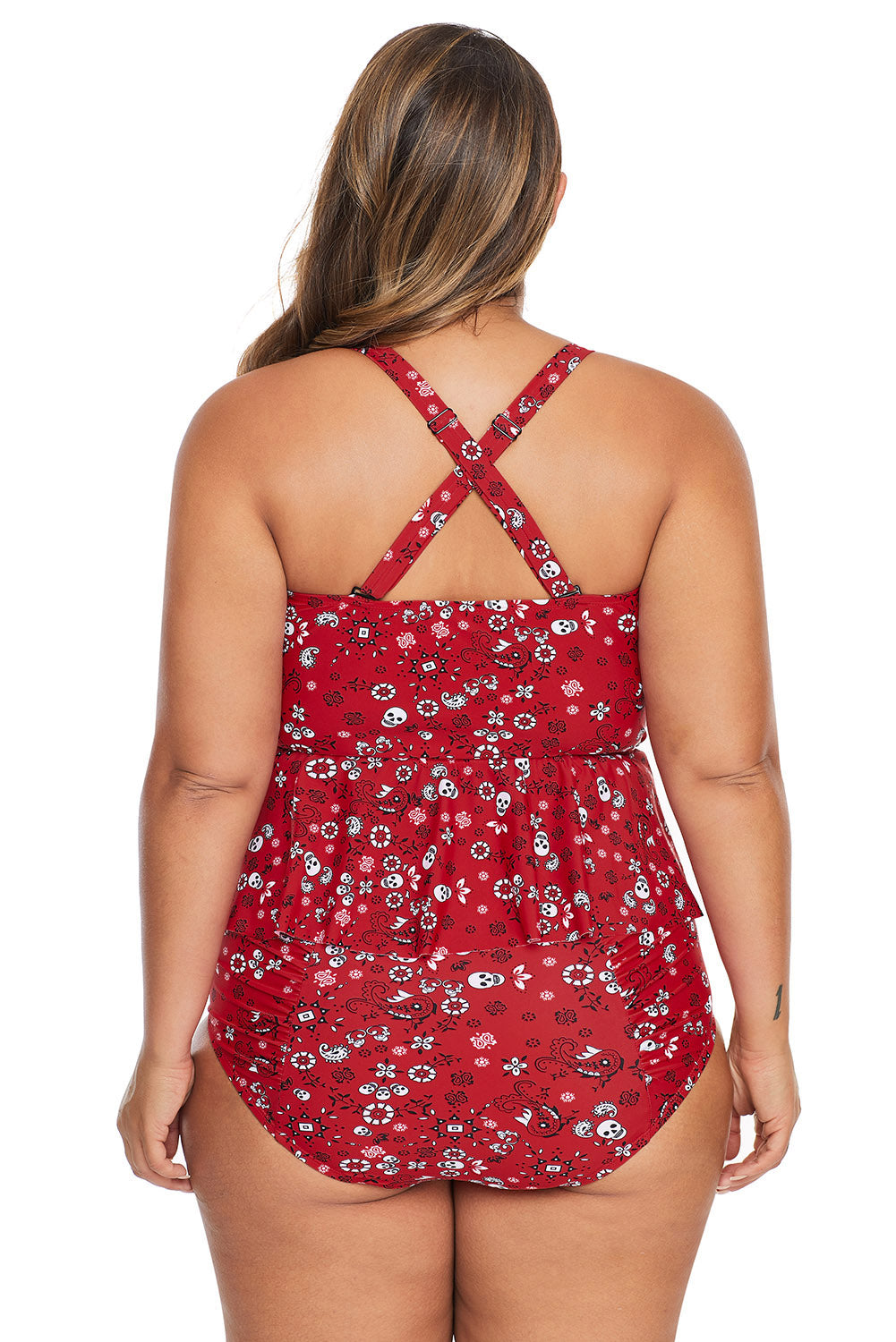 Fiery Red Print Molded Cup Peplum Plus Size Bikini