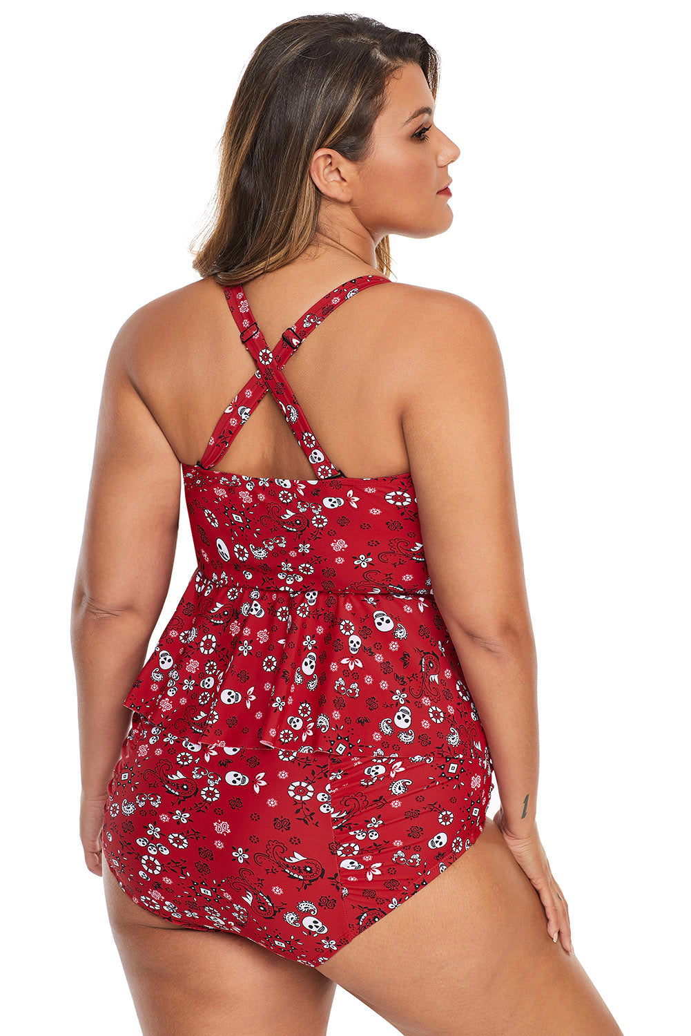 Fiery Red Print Molded Cup Peplum Plus Size Bikini
