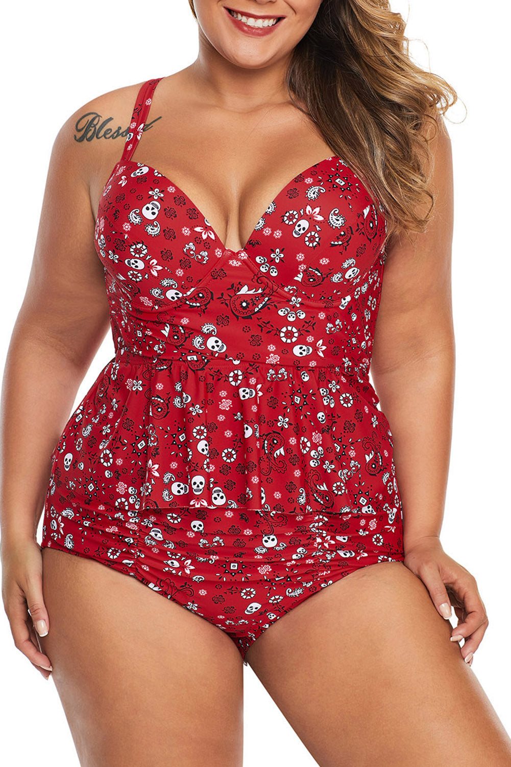 Fiery Red Print Molded Cup Peplum Plus Size Bikini