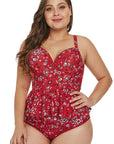 Fiery Red Print Molded Cup Peplum Plus Size Bikini