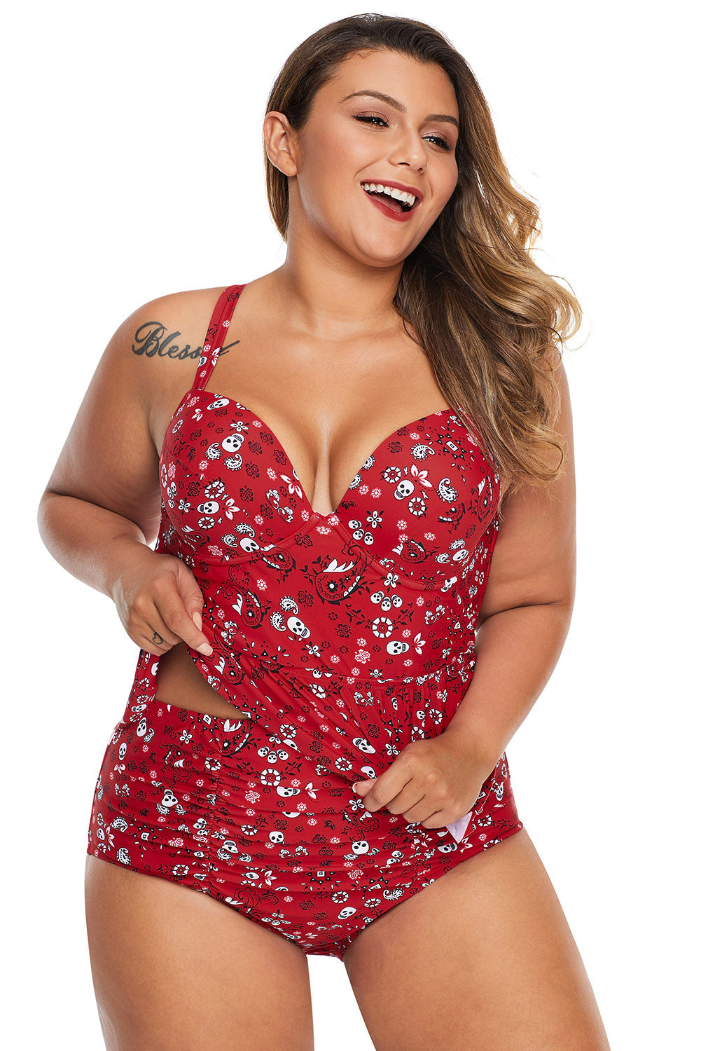 Fiery Red Print Molded Cup Peplum Plus Size Bikini