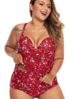 Fiery Red Print Molded Cup Peplum Plus Size Bikini