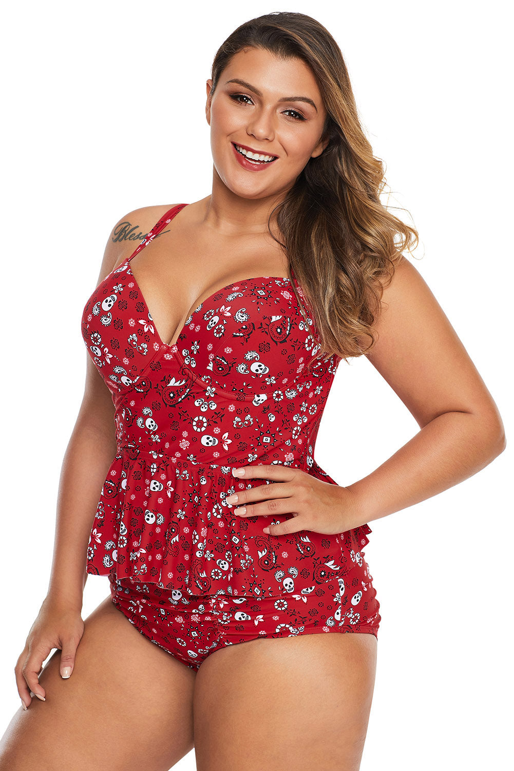 Fiery Red Print Molded Cup Peplum Plus Size Bikini