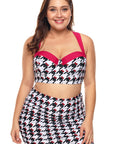 Black White Kitty Print Plus Size Bikini Top With Skirt