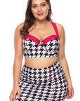 Black White Kitty Print Plus Size Bikini Top With Skirt