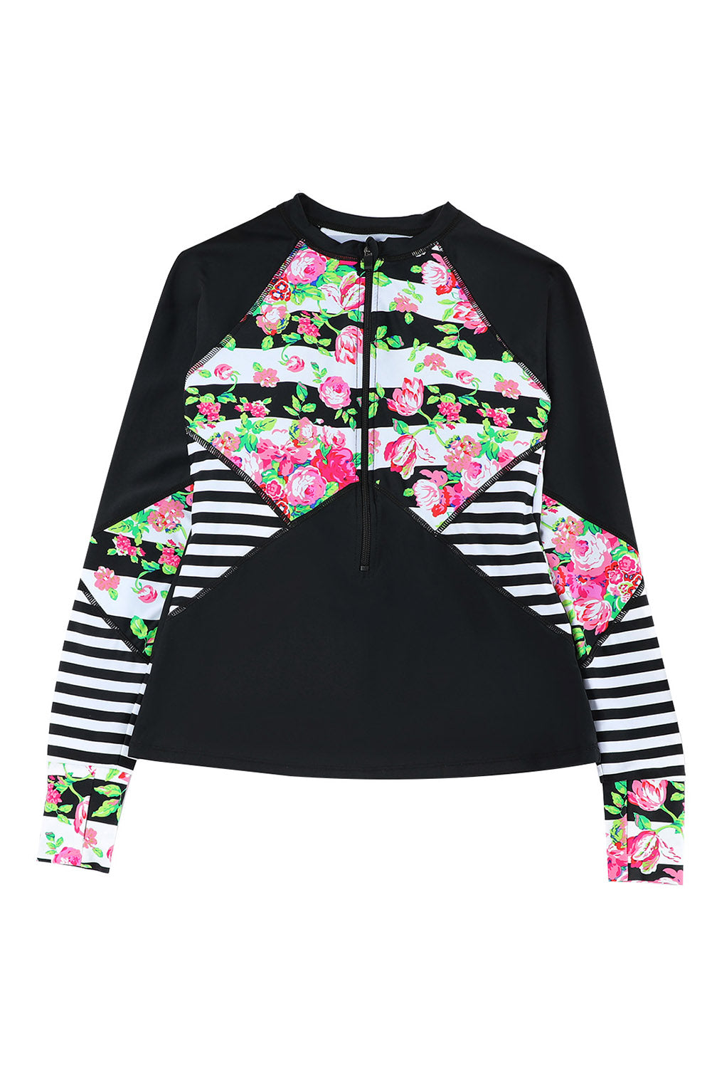 Black Zip Up Neckline Color Block Rashguard Top
